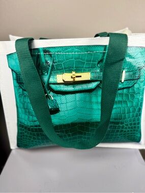 **Printed **Emerald Croc-Embossed Tote Bag with Gold Hardware